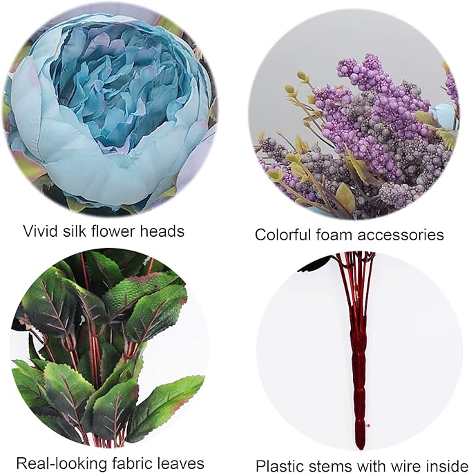 2pcs Artificial Peony Bouquets,19 Inch Silk Peony Bunch with 7 Faux Flowers,Classical Style Artificial Flowers with Leaves and Ornaments for Wedding,Home Décor Centerpieces(Blue)