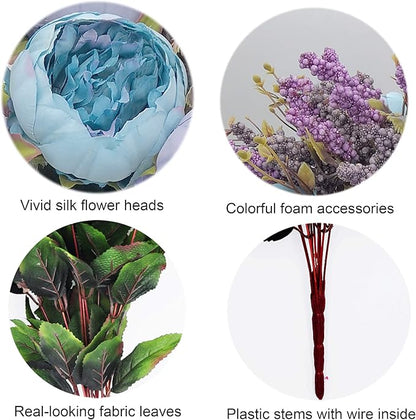 2pcs Artificial Peony Bouquets,19 Inch Silk Peony Bunch with 7 Faux Flowers,Classical Style Artificial Flowers with Leaves and Ornaments for Wedding,Home Décor Centerpieces(Blue)