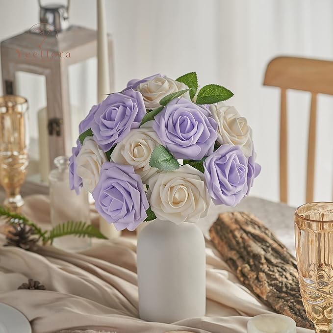 Artificial Flowers, 100pcs Artificial Rose for DIY Wedding Bouquets Centerpieces Arrangements, Champagne Foam Rose with Stem for Bridal Shower Party Home Decorations