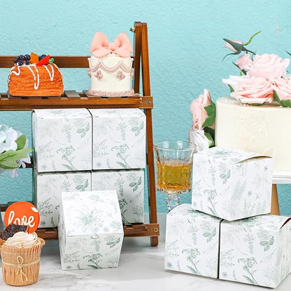 TecUnite 50 Pcs 3x3x3'' Green Floral Paper Gift Candy Boxes Chinoiserie Flower Paper Gift Box Small Green White Hydrangea Party Packaging Bag for Wedding Birthday Cardstock Shower Party Supply Decor