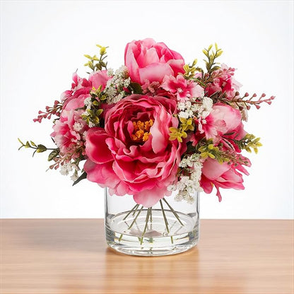 ENOVA FLORAL Artificial Silk Flower Arrangement with Vase,Mixed Artificial Silk Peony Flower in Vase for Decoration Home Office, Wedding Centerpiece (Fushia)