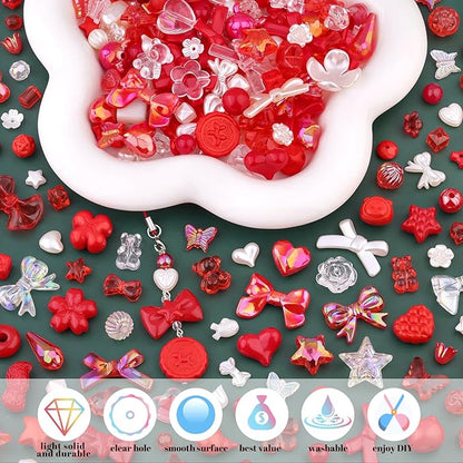 Assorted Acrylic Beads, 200-260PCS Red Cute Beads for Bracelet Making, GummyBear Bow Flower Candy Kawaii Charms for Jewelry Making DIY Necklace Keychain Phone Charm Christmas Gift