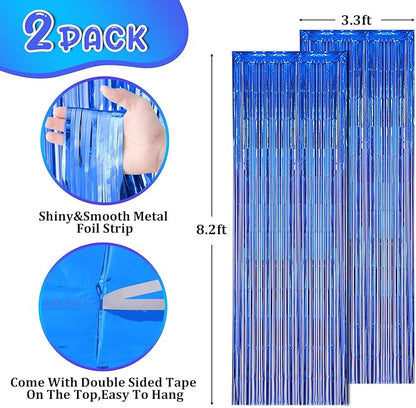 2 Pack Blue Foil Fringe Backdrop Curtains, Tinsel Streamers Birthday Party Decorations, Fringe Backdrop for Graduation, Baby Shower, Gender Reveal, Disco Party