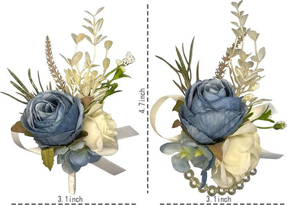 Corsage and Boutonniere Set Corsage Wistlet Dusty Blue Corsage Wrist Artificial Flower Perfert for Proms | Weddings for Bride,Bridesmaids, Groom,Groomsmen Decor (Dusty Blue)