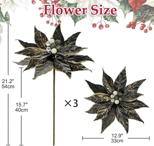 DILATATA 3 Pcs Artificial Christmas Flowers 13 Inch Glitter Poinsettia Picks Christmas Tree Ornaments Topper Decorations Black Poinsettias Flowers for Xmas New Year Wreath Garland Wedding Home Decor