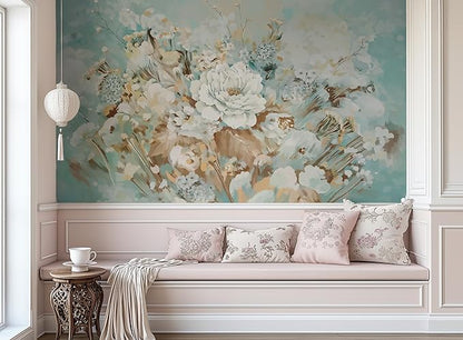 Vintage Floral Wall Mural – Large White Peony Bloom on Blue Background, Removable Peel and Stick Wallpaper for Dining Room, Living Room, or Bedroom Decor