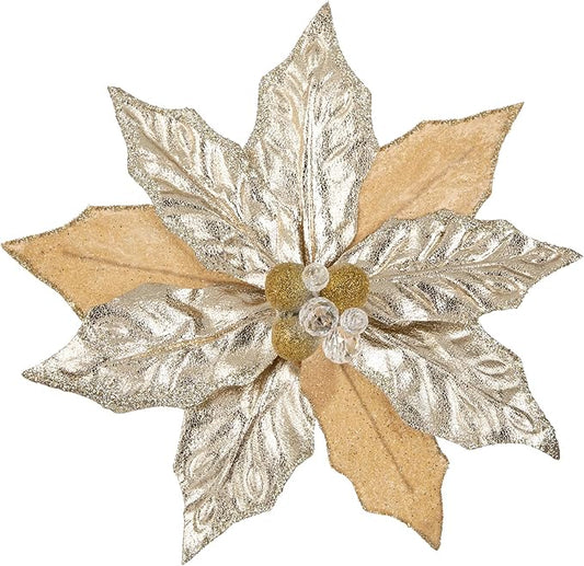 Hollyone 3PCS Poinsettia Christmas Flowers Artificial 11" Large Champagne Glitter Poinsettia Flowers Christmas Tree Ornaments Floral Picks for Tree Wreath Garland Vase Table Centerpiece Home Decor