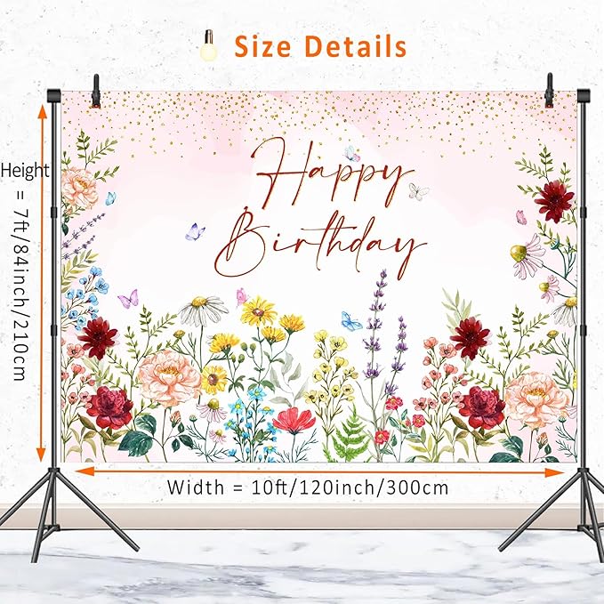 Wildflower Happy Birthday Backdrop Banner Girls Floral Birthday Decorations,Spring Watercolor Wild Flower Bday Background Women Girls Wildflower Theme 1st Birthday Party Decor Photo Booth Props 10x7ft