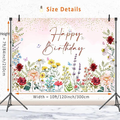 Wildflower Happy Birthday Backdrop Banner Girls Floral Birthday Decorations,Spring Watercolor Wild Flower Bday Background Women Girls Wildflower Theme 1st Birthday Party Decor Photo Booth Props 10x7ft