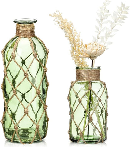 Chuangdi Set of 2 Coastal Glass Vases for Flower Small Flower Vase with Boho Rope Wrapping Beach Decorative Bottle for Coastal Nautical Table Centerpiece Wedding Floral Arrangement Decor(Green)