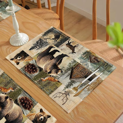 Rustic Bear Deer Fox Cabin Placemats Set of 6, Farmhouse Lodge Place Mats, Country Brown Bear Dining Table Mats, Washable Placemats for Kitchen Dining Room 18L'' × 12W''
