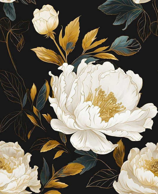 Extra Long Dark Floral Peel and Stick Wallpaper, 17.5In x 393In Vintage Big Peony Flower Waterproof Wallpaper for Room Cubicle Drawer, Vinyl Removable Contact Paper Wall Decor Black White