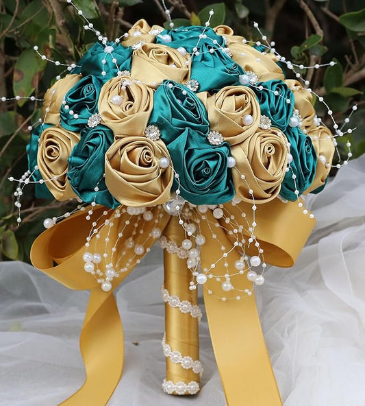 Bridal Wedding Bouquet Round Bling Brooch Bouquet Throw Toss Artificial Rose Flower Bunch for Bride Bridesmaid Wedding Quinceanera(Dark Green & Gold, 6.3")