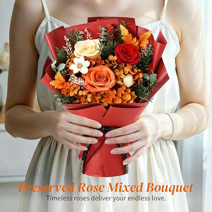 Lewondr Flower for Delivery, Preserved Flowers Bouquet, Orange Roses Bouquet, Real Long-Lasting Forever Birthday Flowers Gifts for Mom Best Friend Mothers Day Christmas Graduation, Dark-Orange