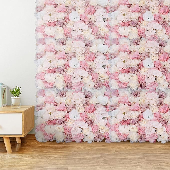 Flower Wall Panel Set, Artificial Wall Flower Backdrop,Artificial Flower Wall Mat Silk Rose Flower Panels,Hydrangea Rose Floral Panel for Party Wedding (12Pcs), LZ-290906