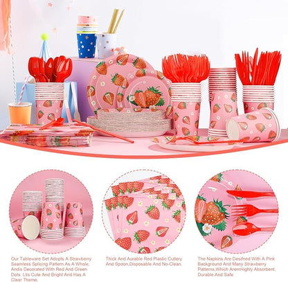 350 PCS Strawberry Party Decor Supplies, Disposable Pink Paper Plates Napkins Knives Forks Cups Dinnerware Set, Sweet Tableware Kit for Baby Shower Girl Birthday Party Christmas Decor, Serves 50