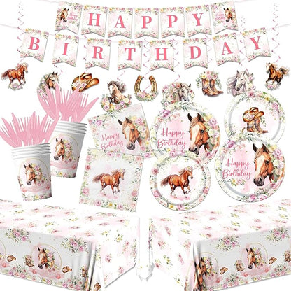 Horse Birthday Decorations Tableware,171PCS Cowgirl Floral Themed Birthday Tea Party Supplies,Flower paper plates,Horse napkins,Forks,Horse Table Cloth,for Girls Rodeo,Bachelorette Fairy Parties