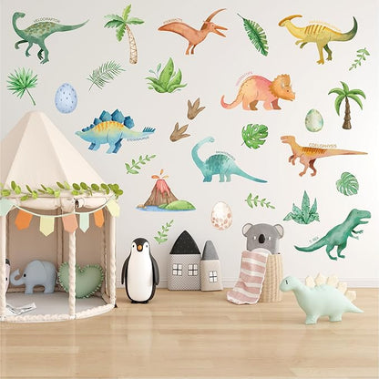 AOWDIAO Watercolor Dinosaur Wall Decals - 28 Pcs Peel and Stick Dino Decor for Boys’ Bedroom, Nursery & Classroom