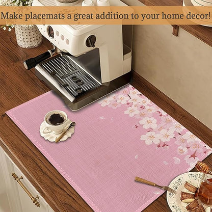Japanese Cherry Blossom Placemats Set of 6 Washable Table Mats for Kitchen Dining Table,Heat-Resistant Pink Flowers Place Mats for Indoor Outdoor Party Holiday Decoration