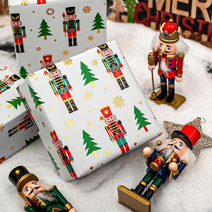 Yarcony Nutcracker Wrapping Paper Roll, White Christmas Wrapping Paper, Metallic Foil Elegant Christmas Tree, Nutcracker Gift Wrap for Holiday, New Year, Celebrations (Mini Roll, 17 Inch X 33 Feet)