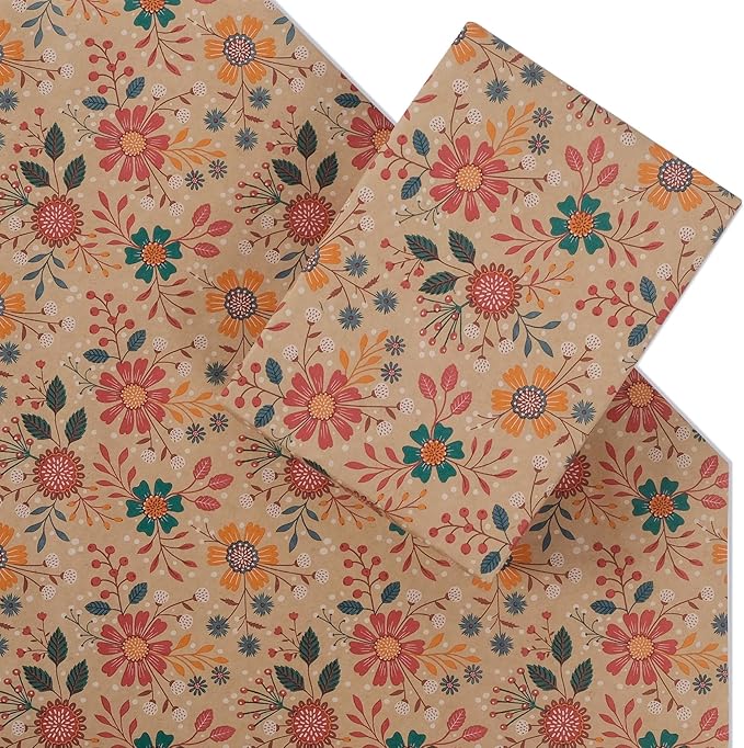 Aimyoo Kraft Floral Wrapping Paper Roll - Jumbo Roll - 30 Inch x 33 Feet - All Occasion Vintage Flower Gift Wrap Paper for Mother's Day Wedding Birthday Bridal Shower