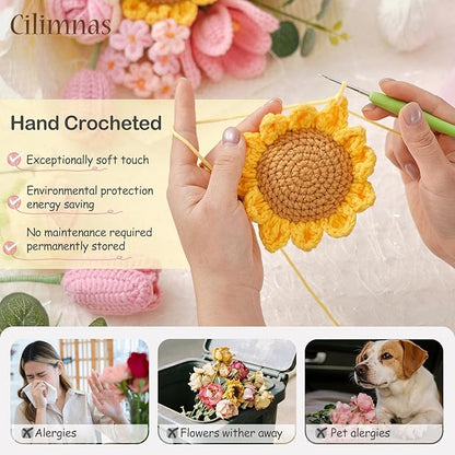 Cilimnas Crochet Flower Bouquet,Pink Knitted Flowers, Handmade Sunflowers Tulips Roses Bouquet for Birthday Anniversary Party Mother's Day Graduation Gifts