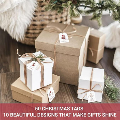 AUDREE 50 Pcs Christmas Gift Tags with String - Elegant Red & White Holiday Tags - Christmas Name Tags for Gifts - Hanging Labels Decoration Xmas Winter Holiday Present DIY Crafts