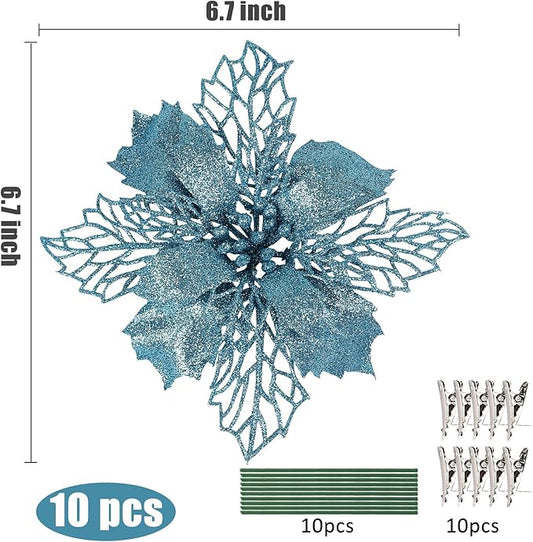 RECUTMS Pack of 10 Glitter Poinsettia Christmas Flowers Decorations Christmas Tree Ornaments,Artificial Wedding Christmas Flowers Wreaths Wedding Ornaments 6"(16cm) Diameter(Blue)