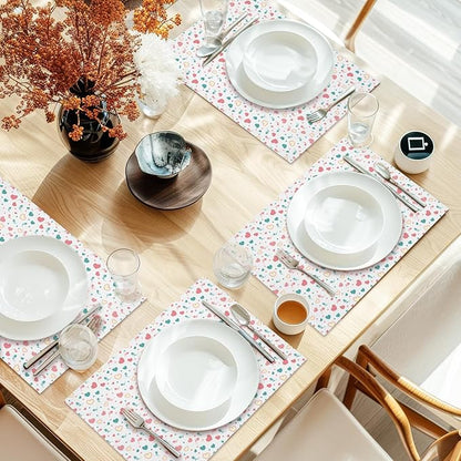 Cotton Linen Waterproof Placemats Set of 4, Pink Love Hearts Dining Mat Table Mats Decor Fabric for Kitchen Dinner Coffee Shop Table, Indoor/Outdoor Washable Wipeable Placemat -N032