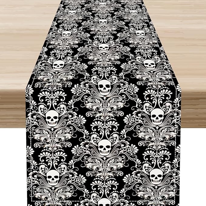 Gothic Table Runner, Black Damask Skull Boho Vintage Art Print Linen Table Center Decor Family Kitchen Outdoor Farmhouse Holiday Party Table Decorations 13x90 inch