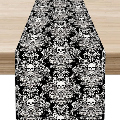 Gothic Table Runner, Black Damask Skull Boho Vintage Art Print Linen Table Center Decor Family Kitchen Outdoor Farmhouse Holiday Party Table Decorations 13x72 inch