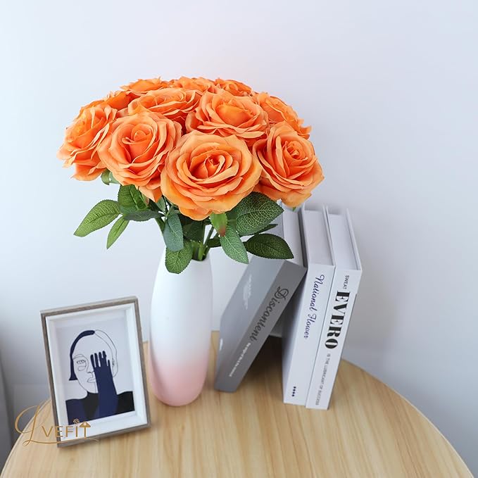 50pcs Artificial Rose Flower Orange Rose Orange Flower with Long Stem Silk Roses Bouquet for Wedding Bridal Shower Party Home Decoration