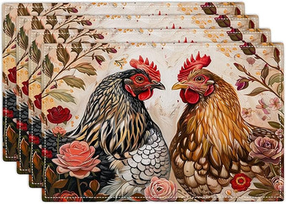 Rooster Placemats Set of 4 Farmhouse Chicken Plants Flower Placemats Farm Cock Chicken Country Hen Washable Place Mats for Party Kitchen Dining Decoration 4 PCS