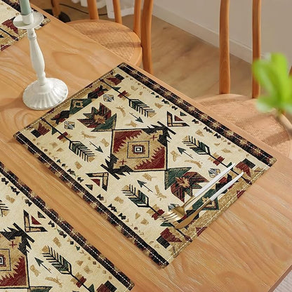 Southwestern Placemats Set of 4, Farmhouse Boho Ethnic Place Mats, Rustic Turkish Dining Table Mats, Washable Placemats for Kitchen Dining Room Home Decor 18L'' × 12W''