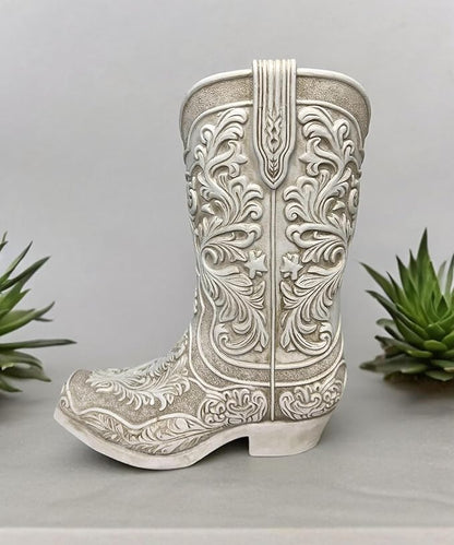 Cowgirl Boot Flower Vase – 9” Tall Antique White Finish with Intricate Tooled Leather Detailing - Decorative Western Cowboy Modern Rustic Decor