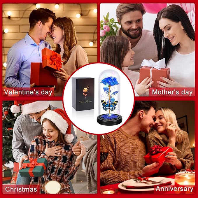 Christmas Rose Gifts for Women, Womens Gift for Christmas Rechargeable Galaxy Glass Rose Light Up Roses In Glass Dome Crystal Flower Butterfly Birthday Xmas Gifts for Women Mom Wife Grandma Her Blue