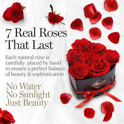 GLAMOUR BOUTIQUE 7 Flower Forever Heart Shape Box - Preserved Roses Gift for Her, Preserved Flowers, Red