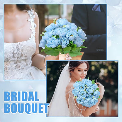 8 Pack Blue Peonies Artificial Flowers, Fake Silk Hydrangea Bouquet for Bridal Wedding Home Table Decor Reusable Dining Opening Ceremony Birthday Arrangement Faux Floral
