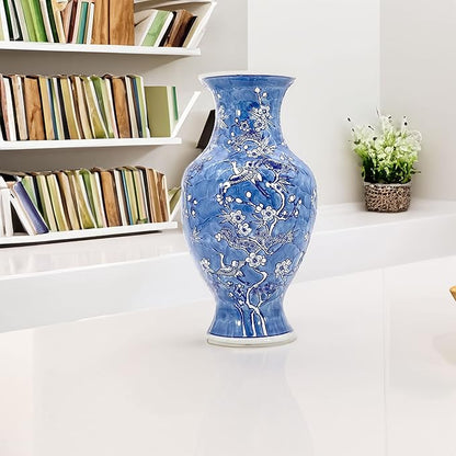 Galt International White & Blue Floral Crane Chinoiserie Ceramic Vase 14" - Hand Painted Antique Style Porcelain Bird & Flower Bottle Fishtail Porcelain Chinese Vase for Home Decor Centerpiece