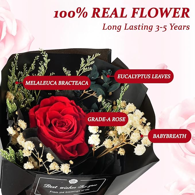 Preserved Roses in a Box, Forever Real Flowers, Single Eternal Red Rose Bouquet in Gift Box - Preserved Roses Gifts for Women, Girlfriend, Valentine's Day, Christmas Day