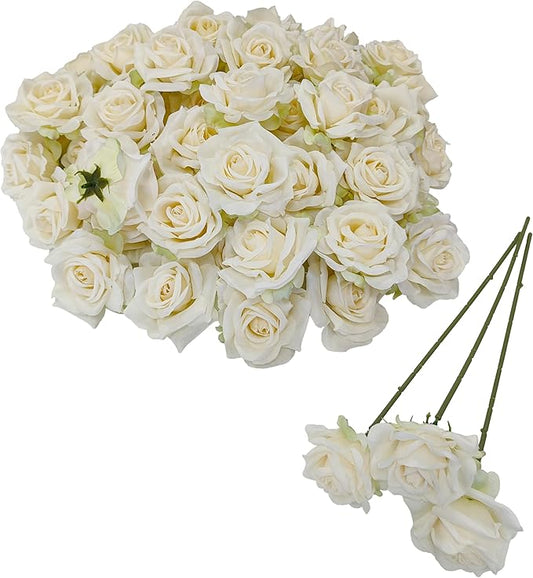 Artificial Satin Rose Flower Heads,48 Pcs Silk Rose Heads with Stems,3.3'' Rose Artificial Flowers Bulk,Artificial Rose Flower Heads for DIY Crafts Bouquet (48, Ivory)
