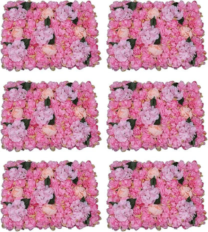 LOYALHEARTDY 6 PCS Artificial Flowers Wall Decoration 24" x 16" Decorative Rose Hydrangea Flower Panels Flower Wall for Home Party Wedding Christmas Festival Photo Backgdrop Decor