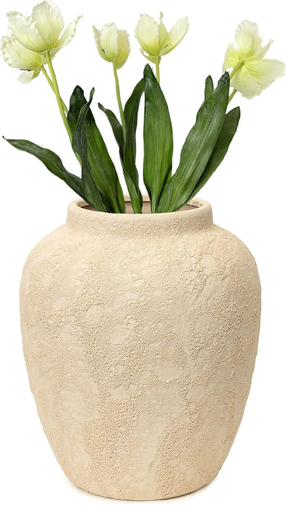 Handcrafted Moon Jar Ceramic Vase - Textured Beige Spherical Pottery - Minimalist Wabi-Sabi Home Decor - Natural Finish Round Vase [11.8" W x 12.6" H]