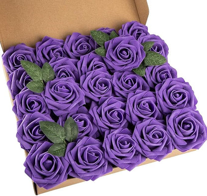 25pcs Artificial Flower Foam Rose Real Touch Roses Flower Heads with Stem for DIY Wedding Bouquets Centerpieces Arrangements Party Baby Shower Home Decor (Deep Purple)