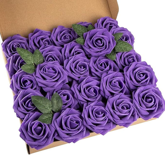 25pcs Artificial Flower Foam Rose Real Touch Roses Flower Heads with Stem for DIY Wedding Bouquets Centerpieces Arrangements Party Baby Shower Home Decor (Deep Purple)