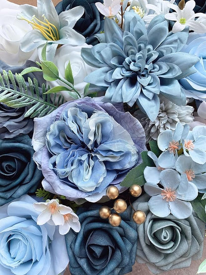 Roses Artificial Flowers Blue Fake Flower Bulk for DIY Wedding Bouquet Bridal Baby Shower Centerpiece Table Decorations Silk Faux Floral Arrangements for Party Home Decor Cake Decorating