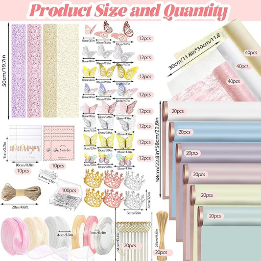 512Pcs Flower Wrapping Paper Kit with 120 Sheets Waterproof Floral Wrapping Paper 3D Butterfly Decor Crowns,Bouquet Pins Ribbons,DIY Crafts for Mother's Day Valentines Graduation Birthday Gift