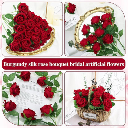 150 Pcs Roses Artificial Flowers, Silk Crimson Burgundy Artificial Flowers Petals Long Stem Roses for Wedding Bouquet Home Party Decor