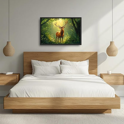 Forest Elk Deer Large Wall Art Framed Green Wall Decor for Living Room Farmhouse Deer Pictures Oversized Canvas Print Painting Modern Extra Large Framed Artwork for Bedroom Office 36"x24"