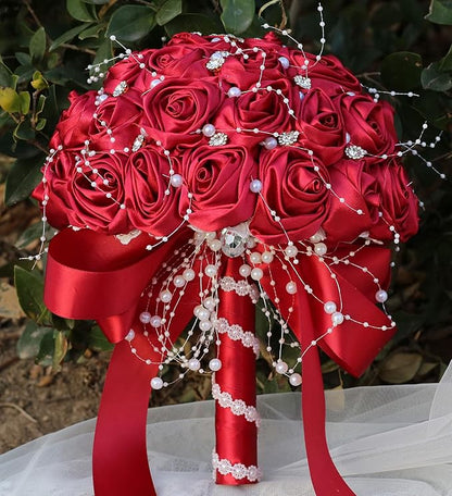 Bridal Wedding Bouquet Round Bling Brooch Bouquet Throw Toss Artificial Rose Flower Bunch for Bride Bridesmaid Wedding Quinceanera(Ruby Red, 7.5")